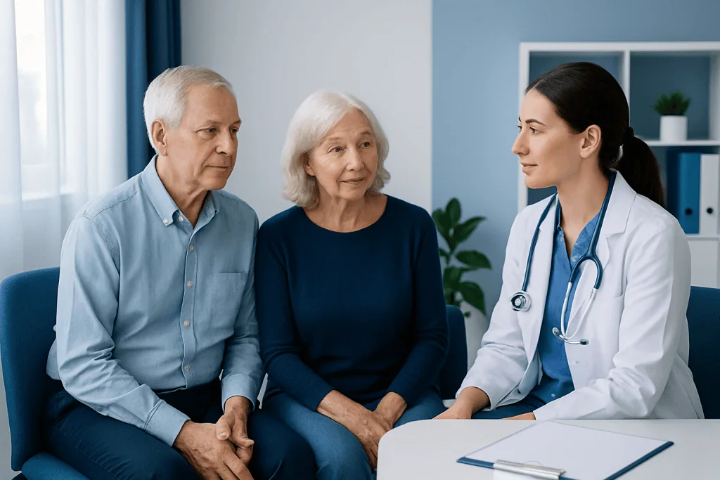 Senior couple consulting with a female doctor in a medical office.