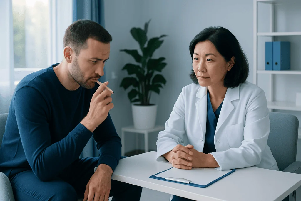 Doctor consulting with a patient in a medical office setting.
