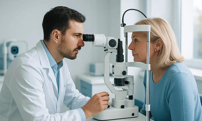 Optometrist examines patient's eye using slit lamp in clinic.
