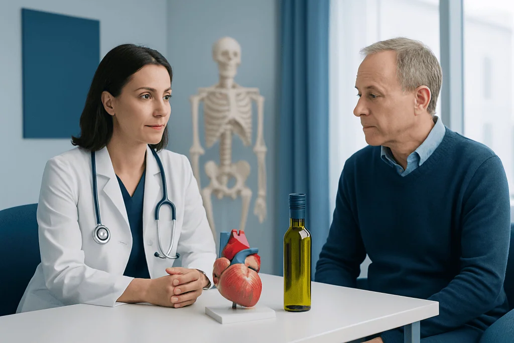 Doctor explaining heart health to a patient with a model of a heart and olive oil on the table.