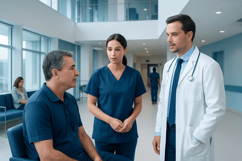 Heart Cath Procedure: An Evidence-Based Patient Guide 1 Doctor consulting with patient and nurse in hospital corridor.