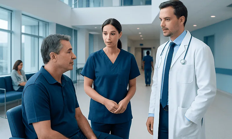 Doctor consulting with patient and nurse in hospital corridor.