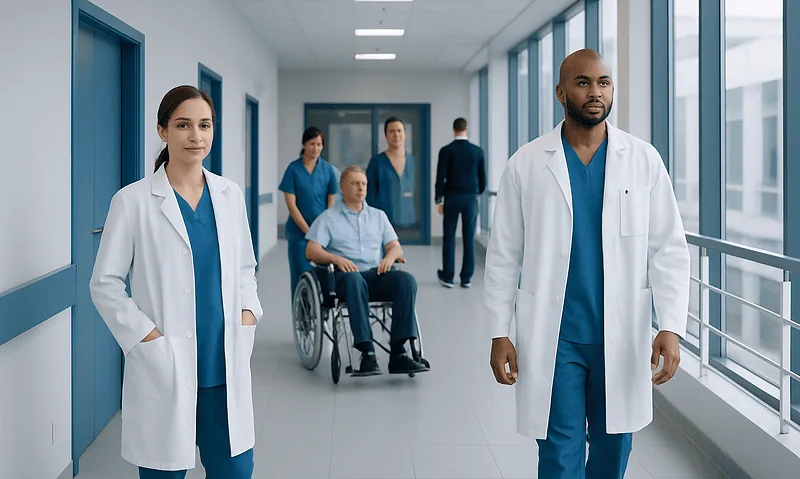 Medical team in hospital corridor with patient in wheelchair.