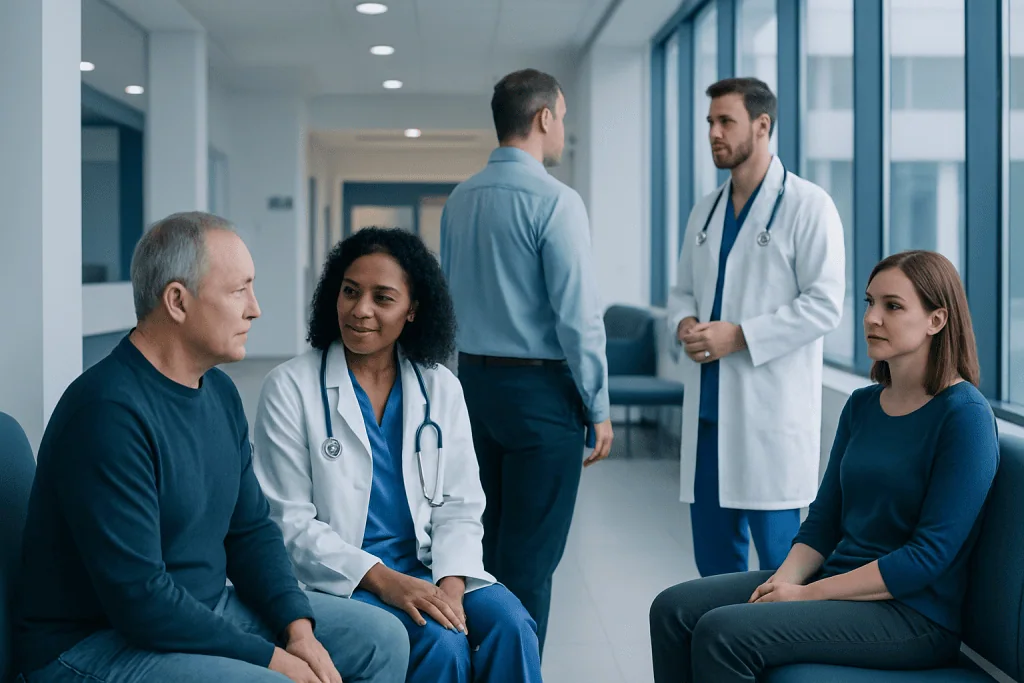 Heart health check Before & After: What Realistic Results Look Like 1 Medical consultation at Acibadem Hospital with doctors and patients discussing health.
