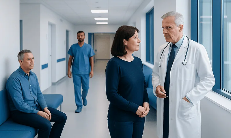 Doctor discussing heart health with female patient in hospital corridor.