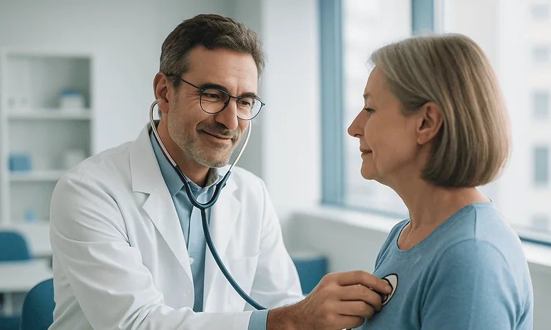 Doctor listening to a patient's heartbeat with a stethoscope in a clinic.