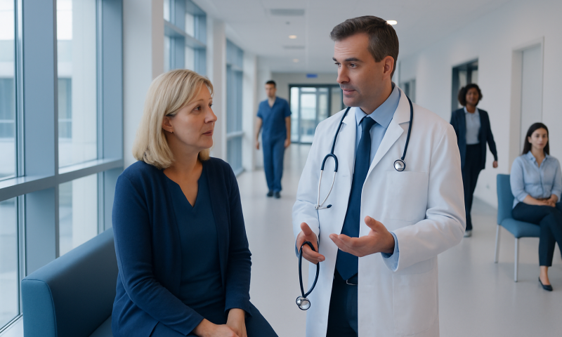 Doctor discussing heart health with a patient in hospital corridor.