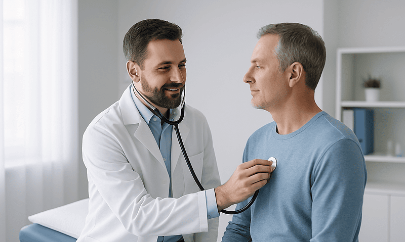 Doctor examining a patient with a stethoscope in a clinic setting.