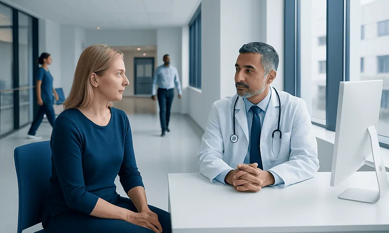 Doctor consulting with a female patient in a modern hospital corridor.