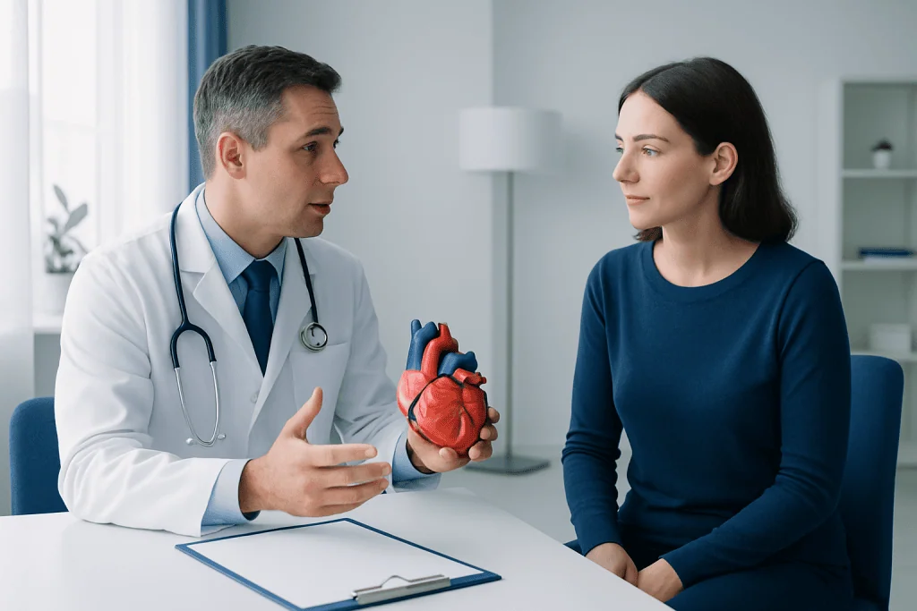 Cardiologist explaining heart anatomy to a female patient in a consultation room.