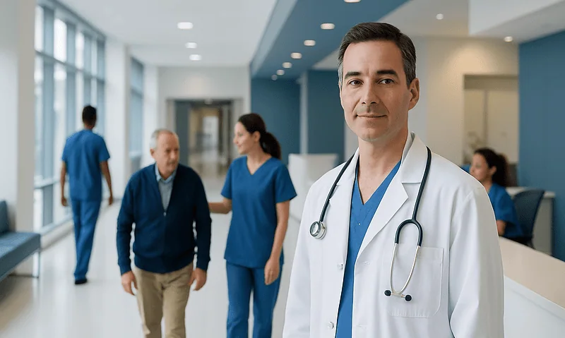 Medical team at Acibadem Hospital with doctor in foreground and staff in background.