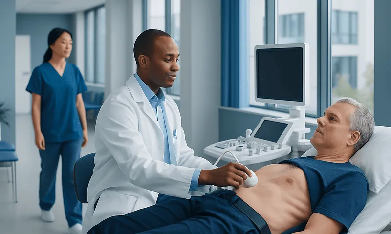 Heart Ultrasound: Preparation, Procedure and Results 5 Doctor performing a heart ultrasound on a patient in a hospital room.