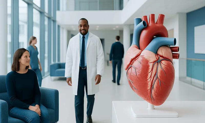 Detailed 3D model of a human heart in a medical setting.