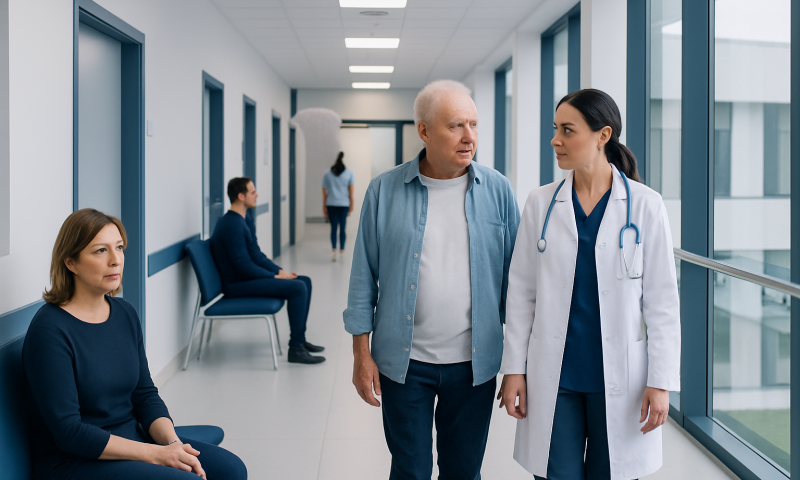 Doctor consulting with an elderly patient in a hospital corridor.