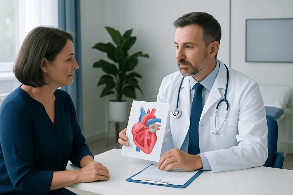 Cardiologist explaining heart diagram to patient in a consultation room.