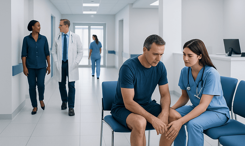 Doctor examining patient in hospital corridor with medical staff in background.