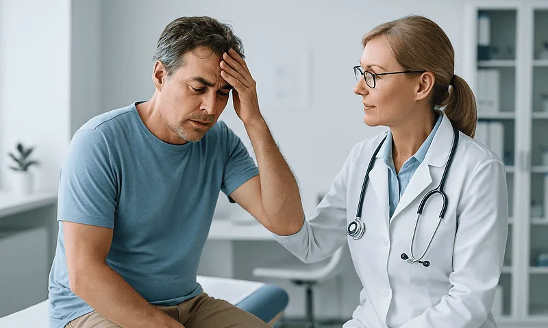 Doctor examines man with heat exhaustion symptoms in clinic setting.