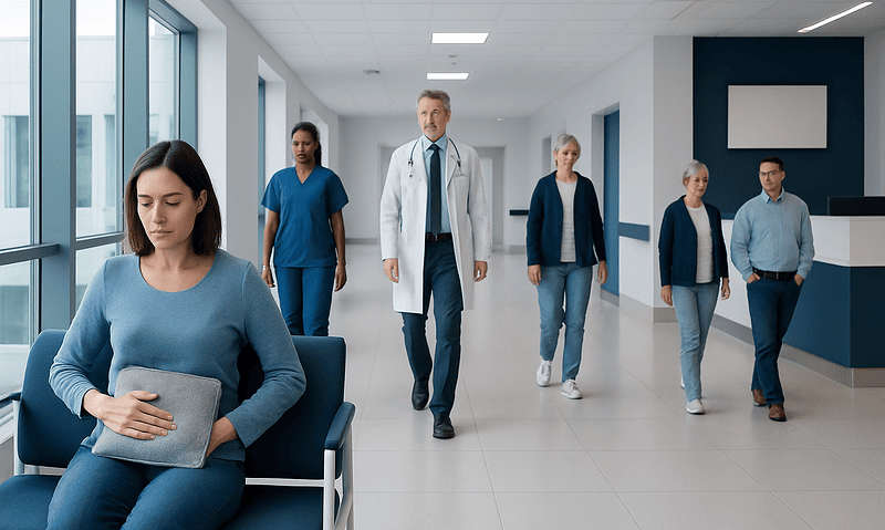 Patients waiting in a modern hospital corridor with medical staff present.