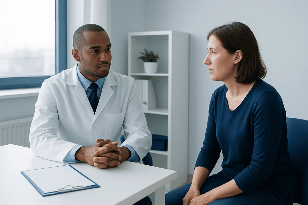 Doctor consulting a patient in a medical office setting.