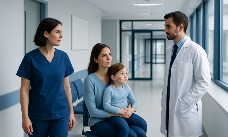Hemangioma Treatment: How It Works, Results and What to Expect 18 Doctor consulting mother and daughter in hospital corridor.
