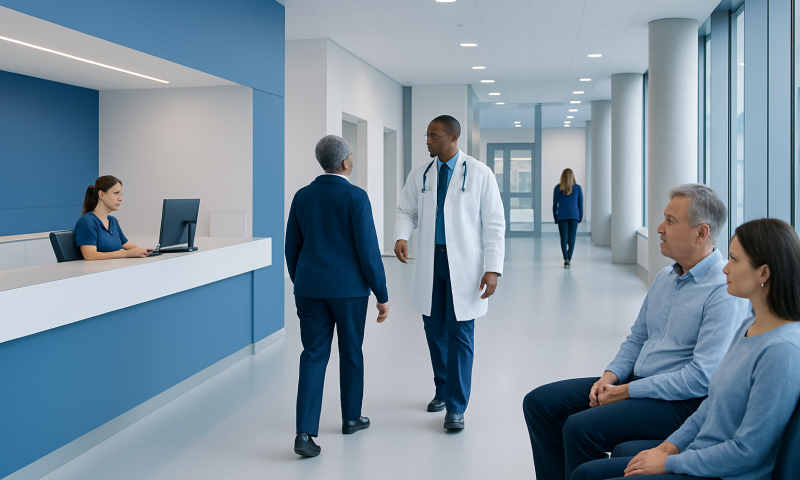 Medical consultation in a modern hospital corridor with doctor and patients.