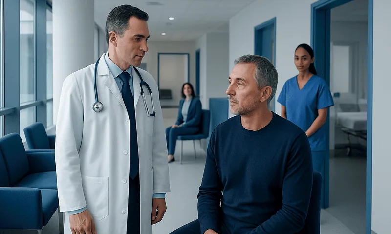 Urologist consulting with a patient in a hospital corridor.
