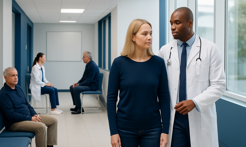 Doctor consulting a patient in a hospital corridor with other patients nearby.