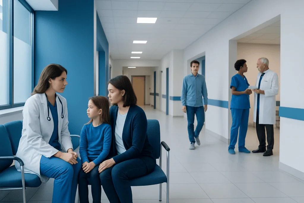 Hemihyperplasia Treatment: How It Works, Results and What to Expect 1 Medical consultation in a hospital corridor with healthcare professionals and a young patient.