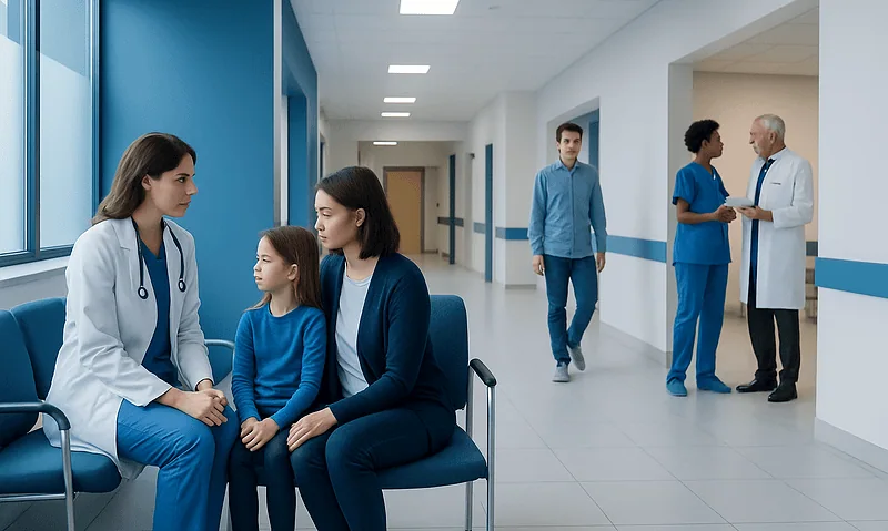 Medical consultation in a hospital corridor with healthcare professionals and a young patient.