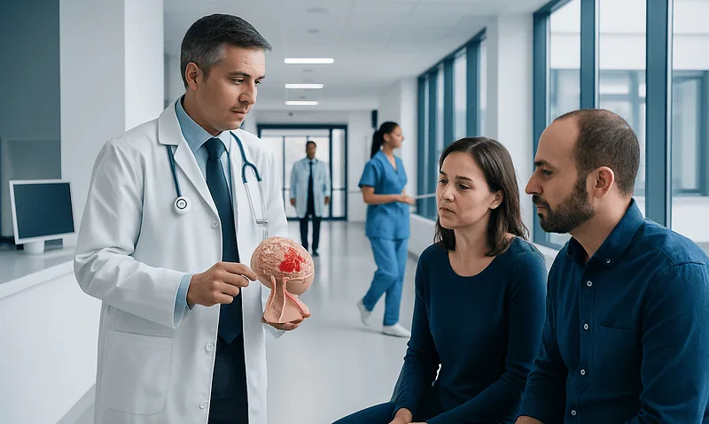 Doctor explaining brain anatomy to patients in hospital corridor.
