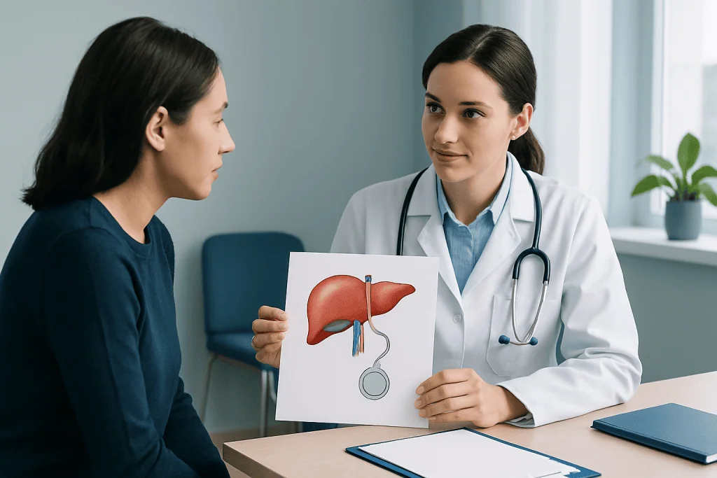 Doctor explaining hepatic artery infusion pump to patient with liver diagram.