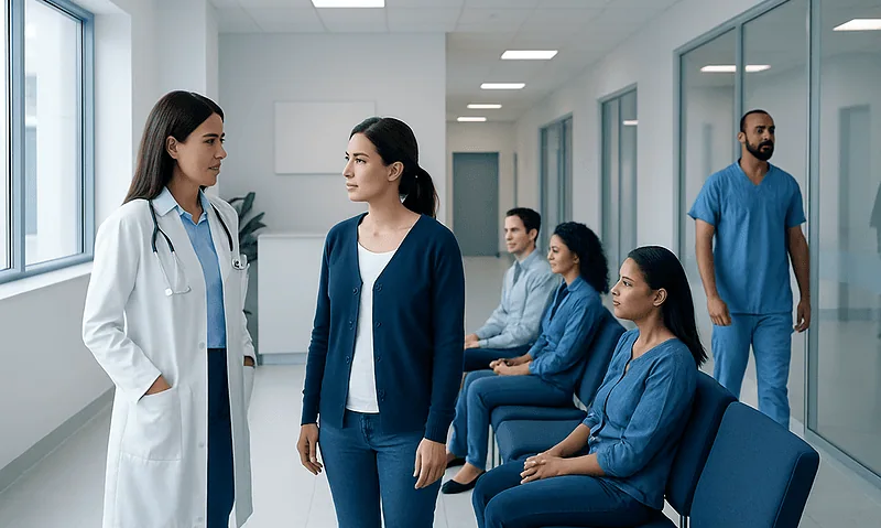 Medical consultation in a hospital corridor with healthcare professionals and patients.