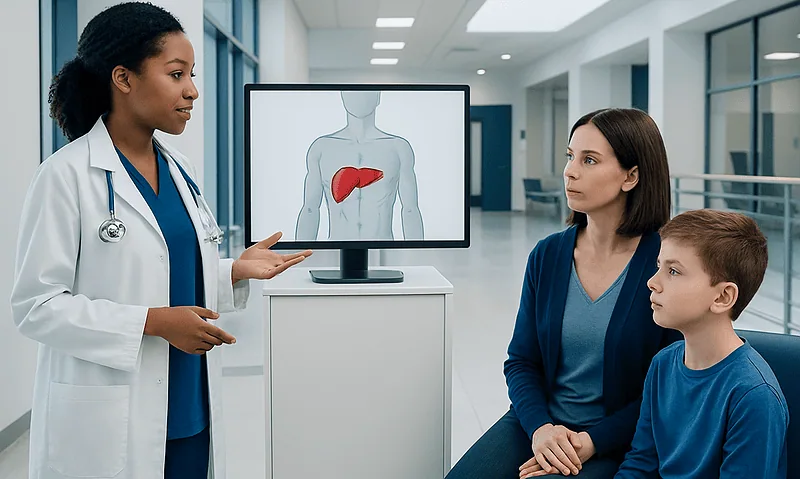 Doctor explaining liver health to a patient and child in a hospital setting.