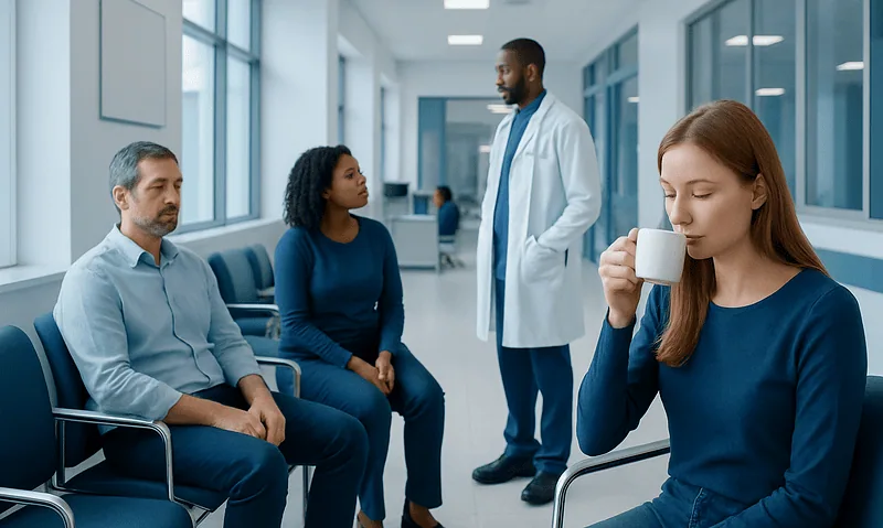 Patients in a hospital waiting area with a doctor standing nearby.