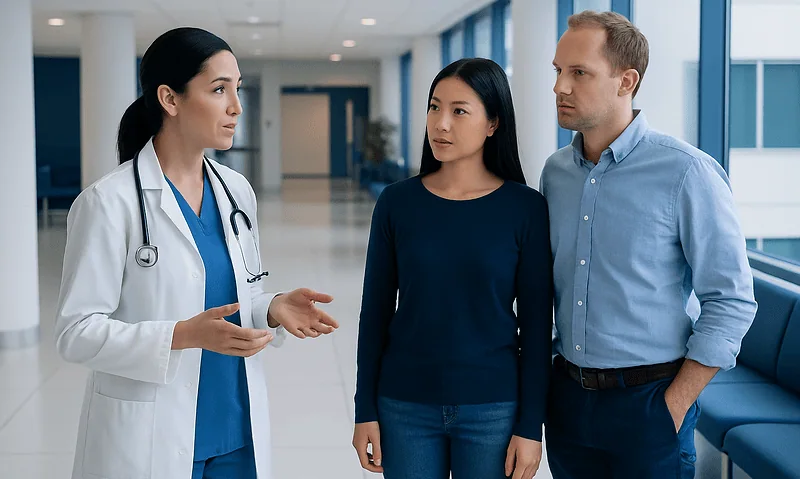 Doctor consulting with a couple in a hospital corridor.