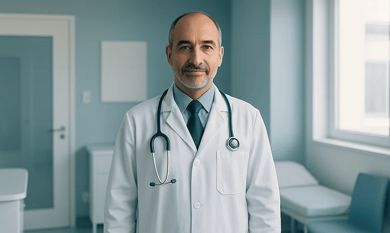 Doctor in a hospital room with stethoscope and white coat.