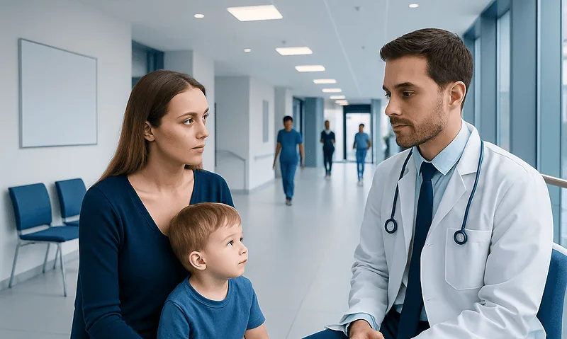 Doctor consulting mother and child in hospital corridor.