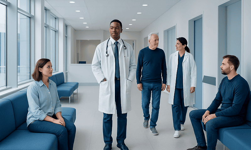 Medical team consulting patient in hospital corridor at Acibadem Hospitals Group.