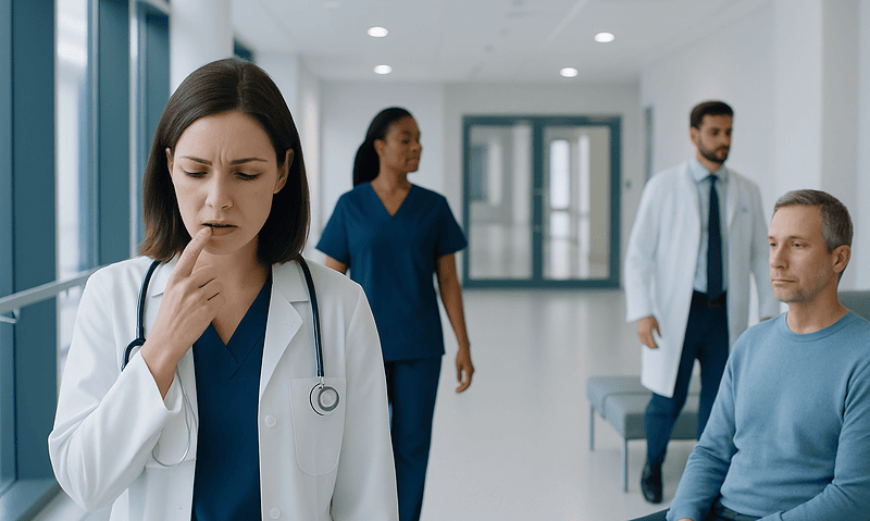 Concerned female doctor in hospital corridor with patients and colleagues.
