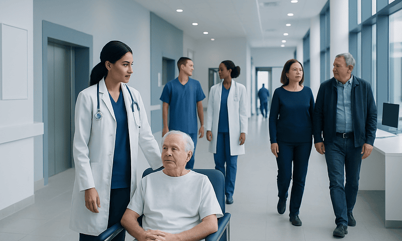 Medical team discussing patient care in hospital corridor.