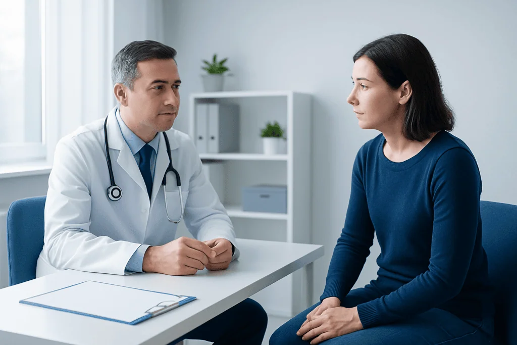 Doctor consulting with a female patient in a modern clinic setting.