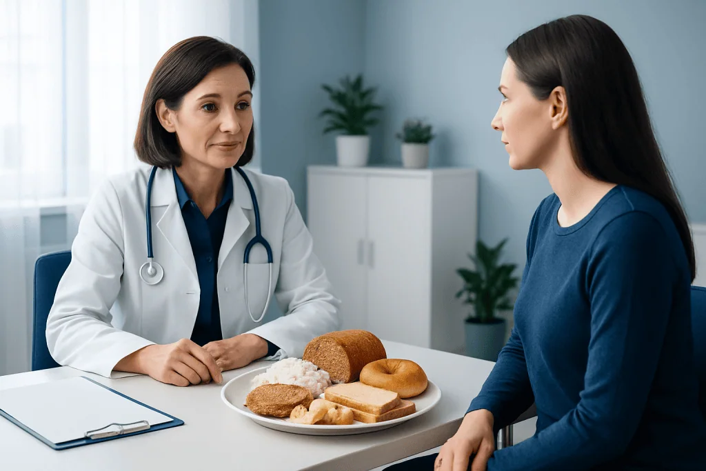 Doctor discussing dietary advice with patient in a clinical setting.