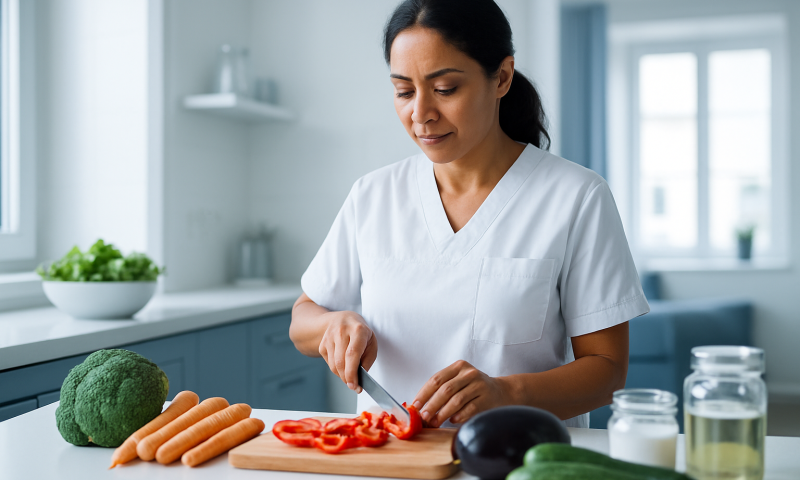 Woman preparing vegetables in a modern kitchen for a healthy meal.