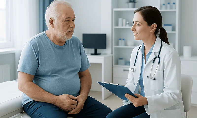 Doctor consulting with an elderly male patient in a medical office.