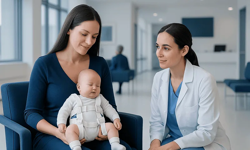 Mother with newborn in hospital consultation room with doctor.