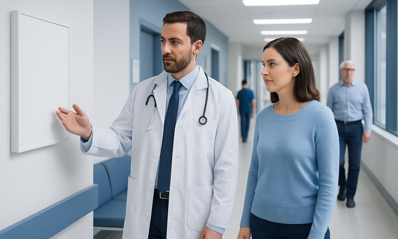 Doctor explaining medical information to a patient in hospital corridor.