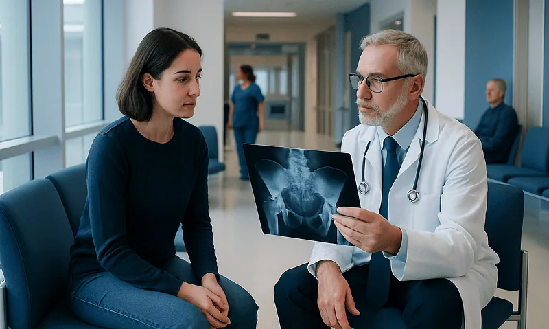 Orthopedic doctor explaining hip X-ray to patient in hospital corridor.