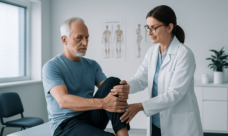Physiotherapist examining elderly man's knee in clinic setting.