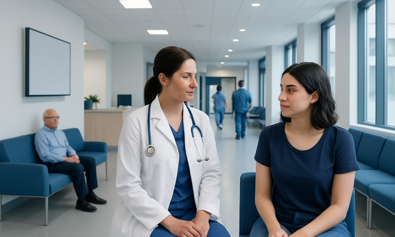 Doctor consulting a patient in a modern hospital corridor.