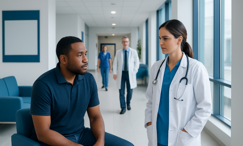 Doctor consulting male patient in hospital corridor with staff in background.